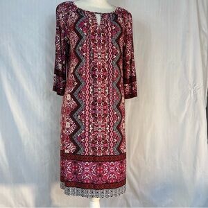 Suite 7 Dress Red & Pink Abstract Paisley Jersey 3/4 Cold Shoulder Sleeves 12P 👍
